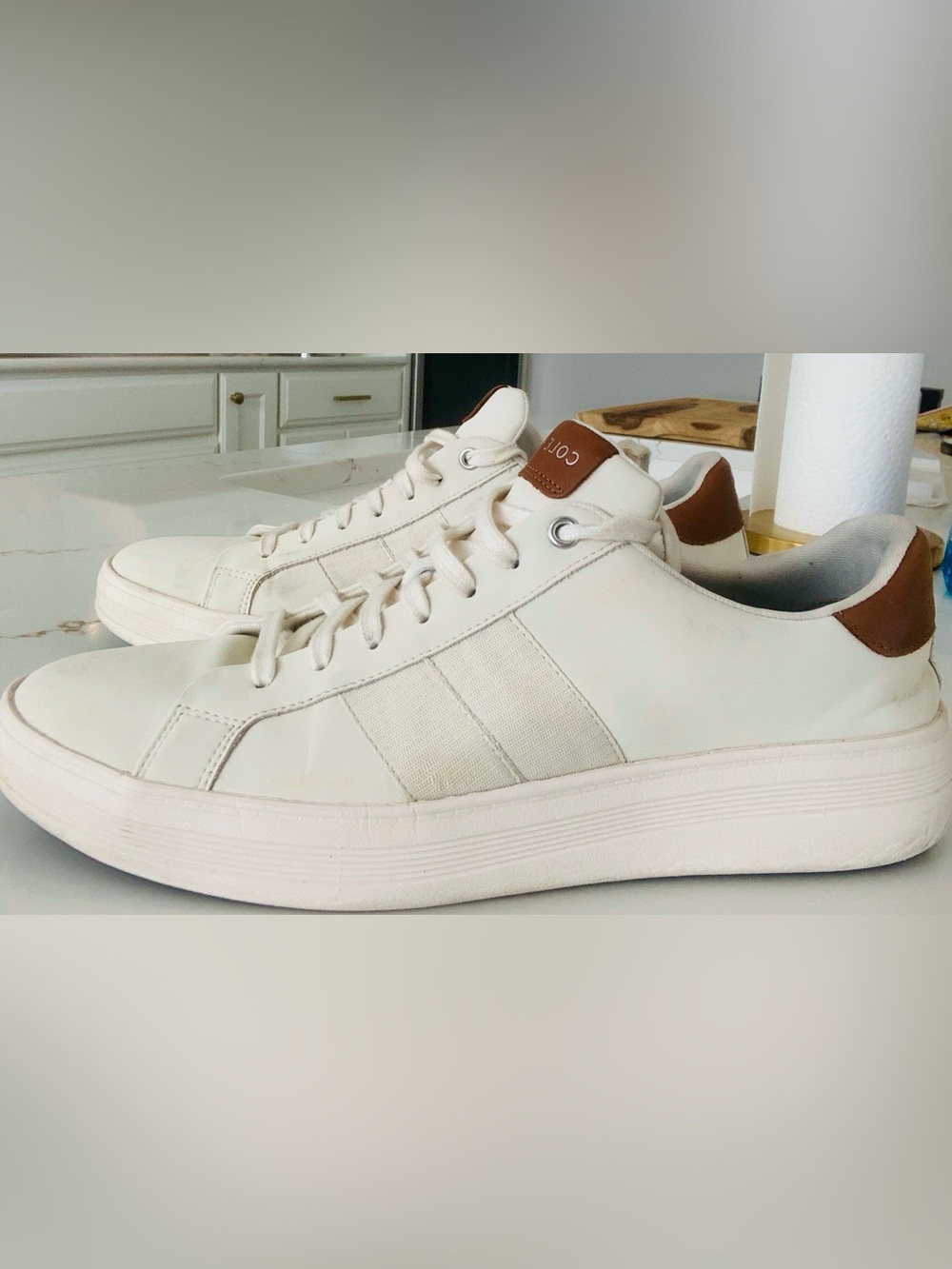 Cole Haan Crossover w/ Box Off-White Leather Low-Top Sneakers with Brown Heel